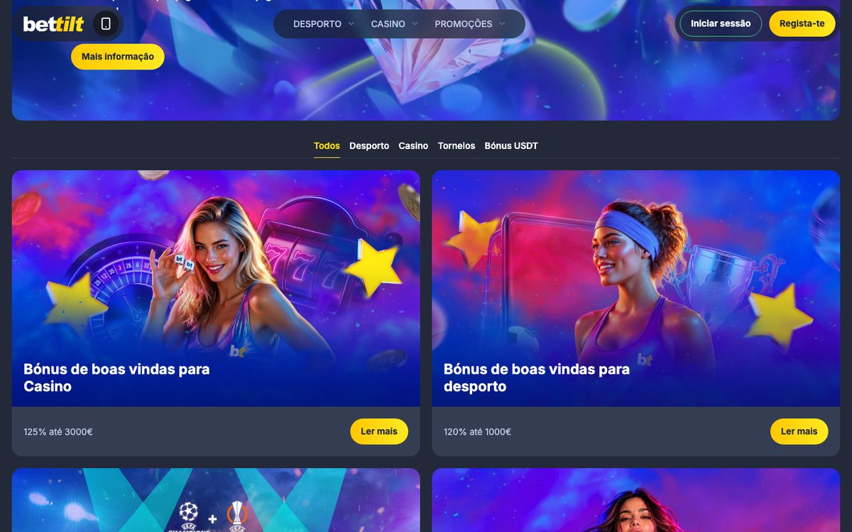 Página de promoções da Bettilt com os bónus de boas-vindas para casino e desporto