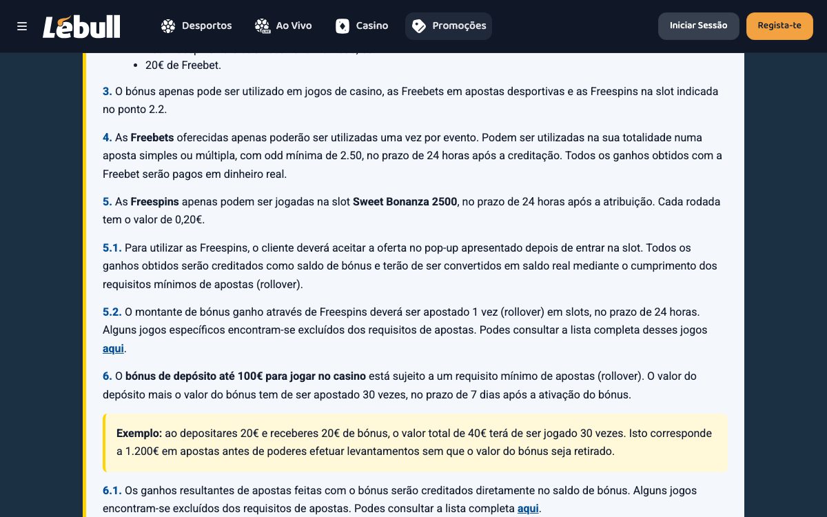 Termos do bónus de boas-vindas da Lebull com rollover de 30 vezes